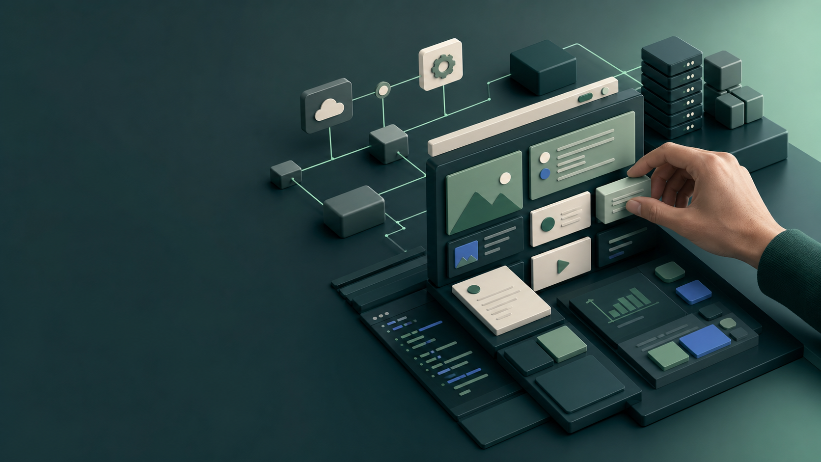 A modular CMS and API workspace illustrating AI-assisted product operations