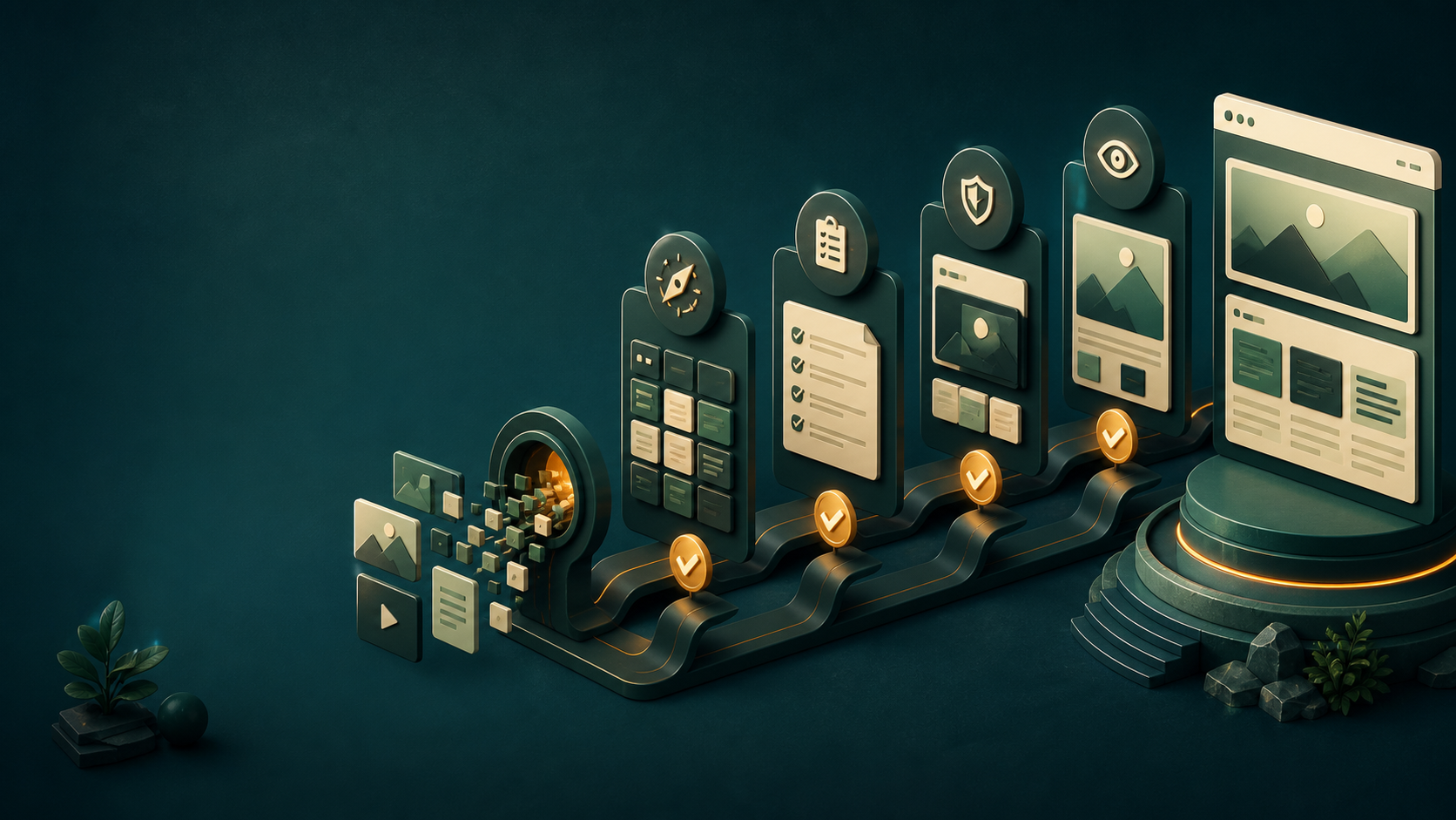 A structured content workflow moving through discovery, validation, review and publishing