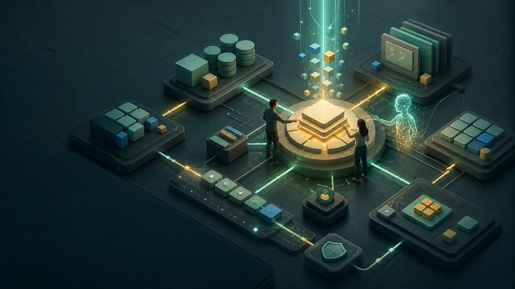 People and an AI operator collaborating through shared modular software contracts