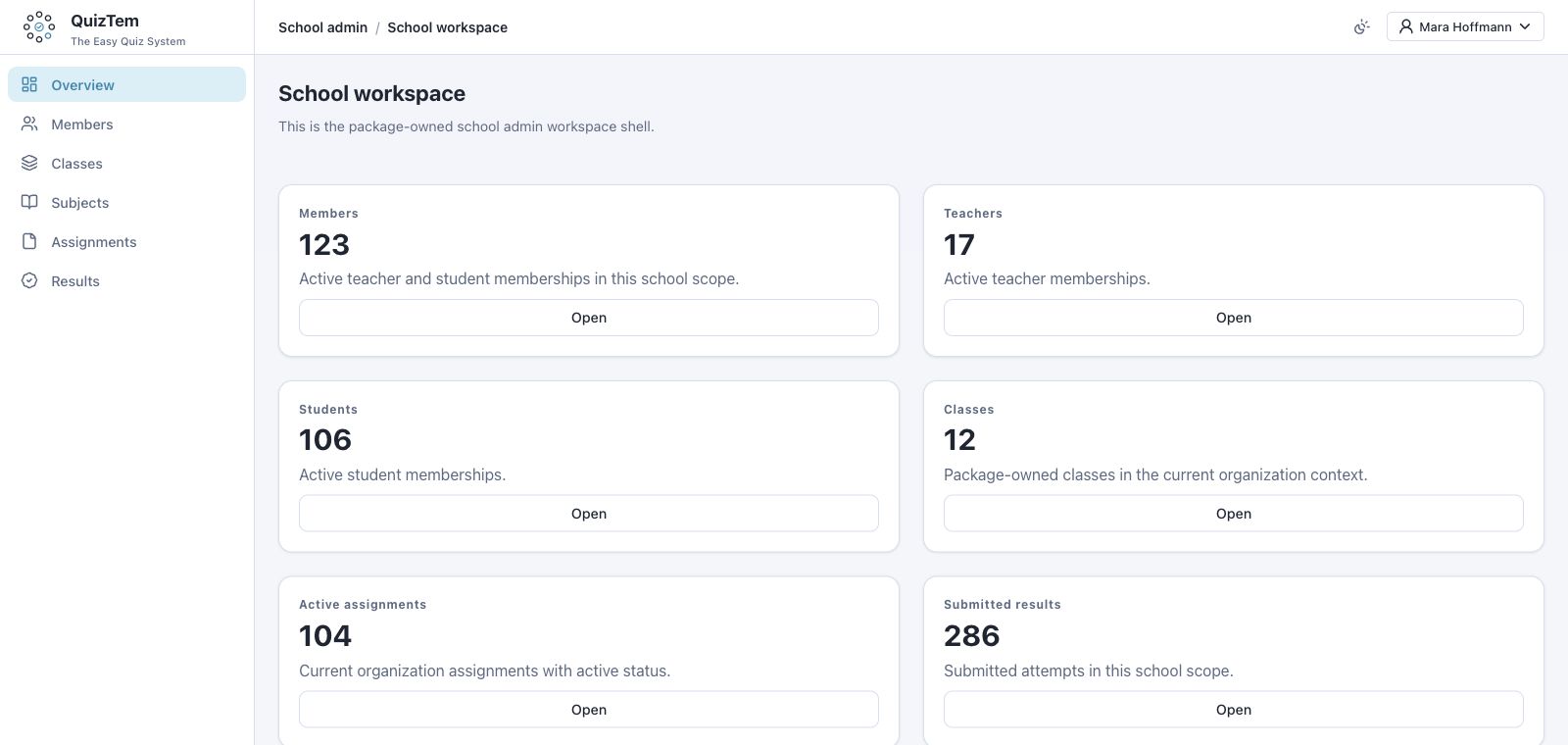 Current QuizTem school dashboard with fictional demo data