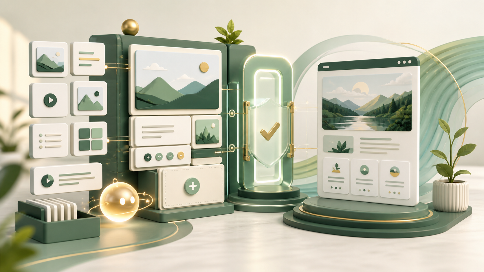 Illustration of modular CMS blocks moving through approval into a published page