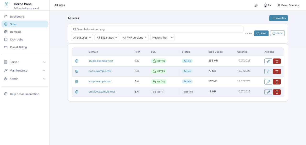 Current Herne Panel sites management screen with fictional example.test domains, PHP versions, SSL states, site statuses and disk usage.