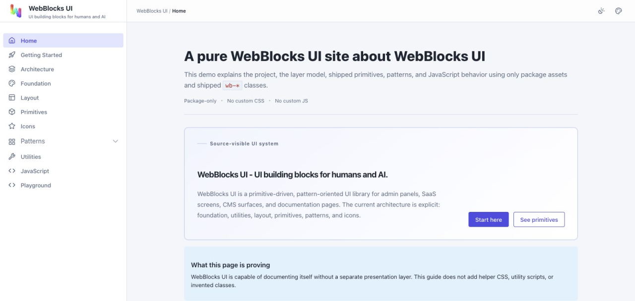 Current WebBlocks UI documentation with navigation for foundation, layout, primitives, icons, patterns, utilities, JavaScript and playground.