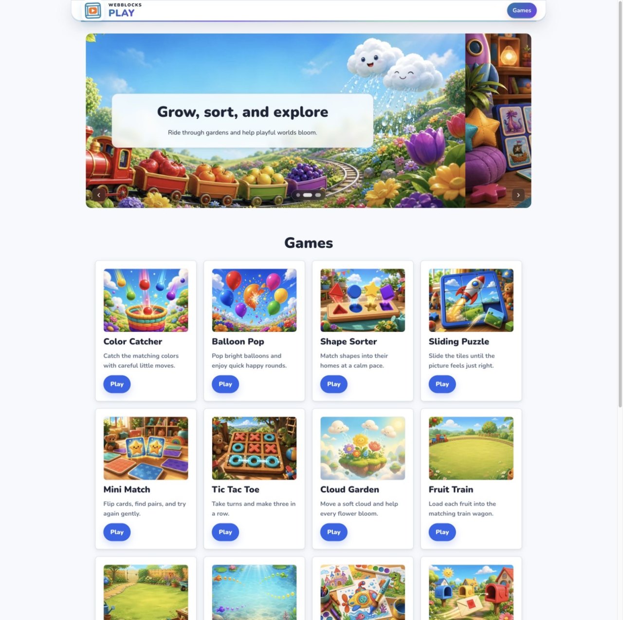 WebBlocks Play home page with a colorful hero and cards for browser games including Color Catcher, Balloon Pop, Shape Sorter and Sliding Puzzle.