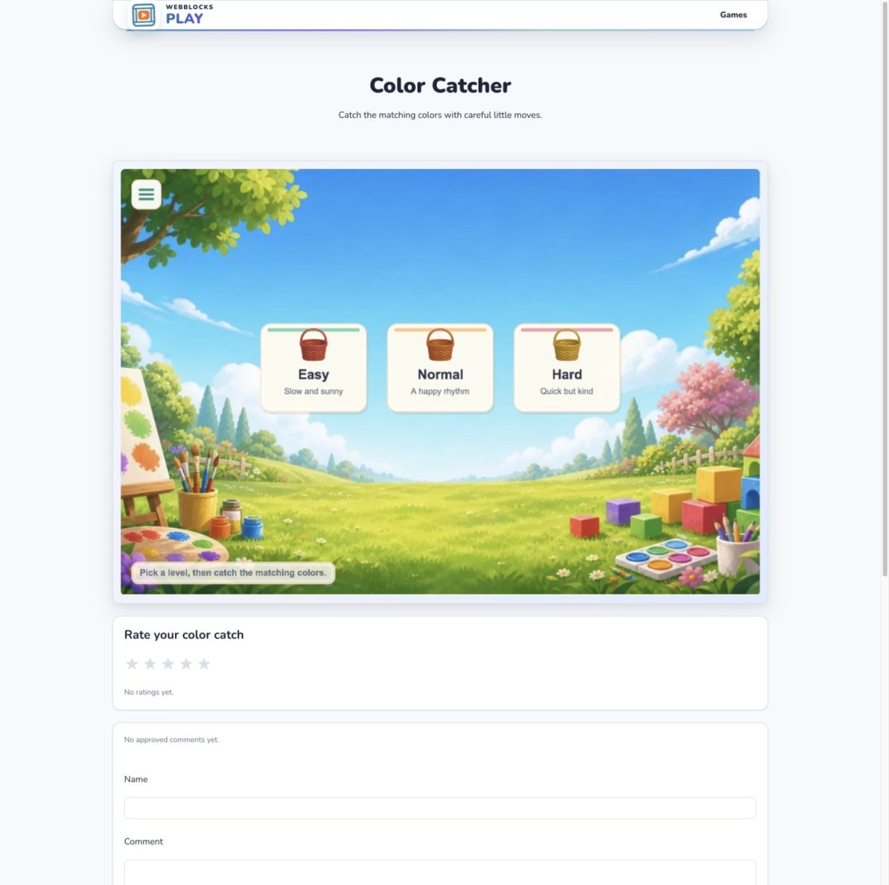 Color Catcher page showing the colorful game canvas with Easy, Normal and Hard difficulty choices.