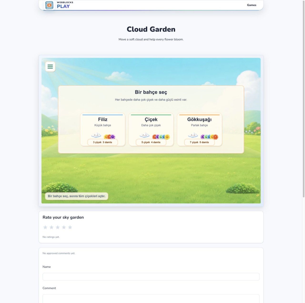 Cloud Garden page showing a bright garden and three Turkish difficulty choices for flower and raindrop counts.