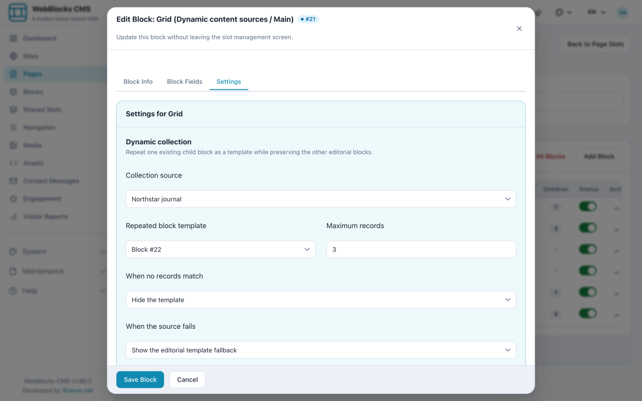 WebBlocks CMS 1.90.2: una plantilla del CMS conectada a una colección dinámica. Interfaz real con datos ficticios de Northstar Studio.
